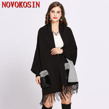 Load image into Gallery viewer, Knitted Winter Faux Cashmere Poncho Shawl with Fur Pocket
