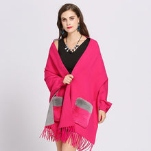Load image into Gallery viewer, Knitted Winter Faux Cashmere Poncho Shawl with Fur Pocket