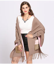 Load image into Gallery viewer, Knitted Winter Faux Cashmere Poncho Shawl with Fur Pocket