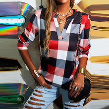 Загрузить изображение в средство просмотра галереи, New Autumn Plaid Printed V-neck Long Sleeve Tee