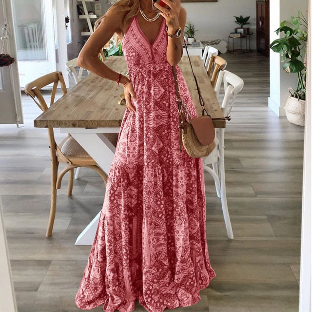 Women's Boho Vintage Flora Print V Neck