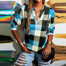 Загрузить изображение в средство просмотра галереи, New Autumn Plaid Printed V-neck Long Sleeve Tee
