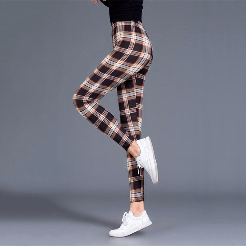 Women High Waist Plaid Leggings