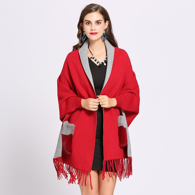 Knitted Winter Faux Cashmere Poncho Shawl with Fur Pocket