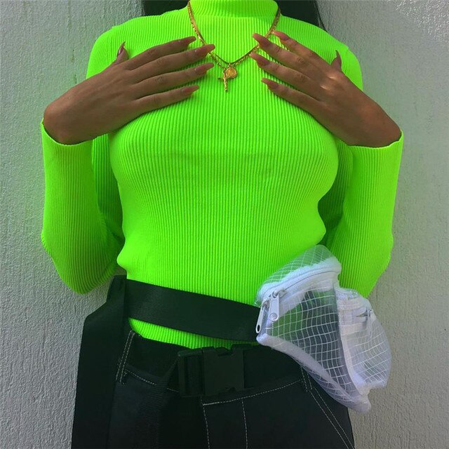 Neon Green Turtleneck T-shirt Women