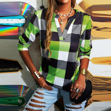 Загрузить изображение в средство просмотра галереи, New Autumn Plaid Printed V-neck Long Sleeve Tee
