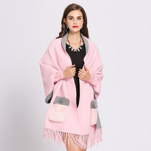 Load image into Gallery viewer, Knitted Winter Faux Cashmere Poncho Shawl with Fur Pocket
