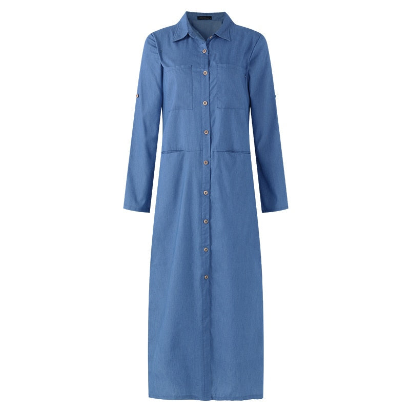 Women Casual Lapel Long Sleeve Fashion Denim Blue Dress