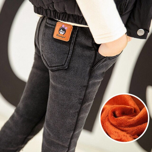Girls Warm Fleece Denim Skinny Pants